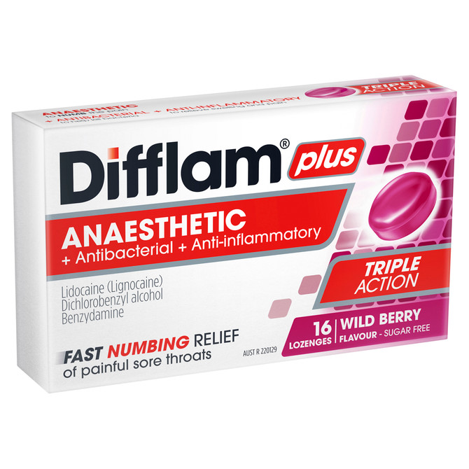 Difflam Plus Anaesthetic Sore Throat Pack  Wild Berry Flavour 16 Pack 