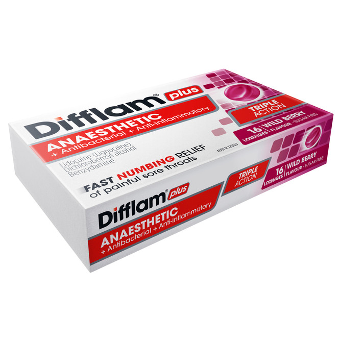 Difflam Plus Anaesthetic Sore Throat Pack  Wild Berry Flavour 16 Pack 