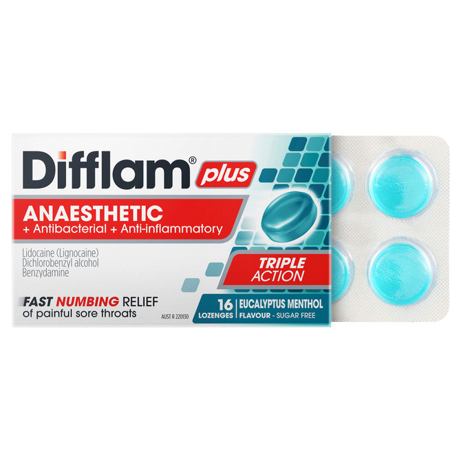 Difflam Plus Anaesthetic Sore Throat Pack  Eucalyptus Menthol Flavour 16 Pack 