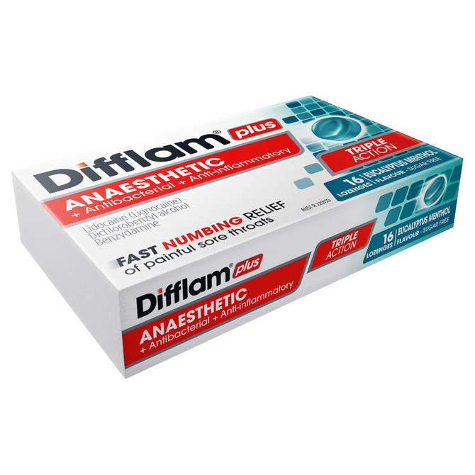 Difflam Plus Anaesthetic Sore Throat Pack  Eucalyptus Menthol Flavour 16 Pack 