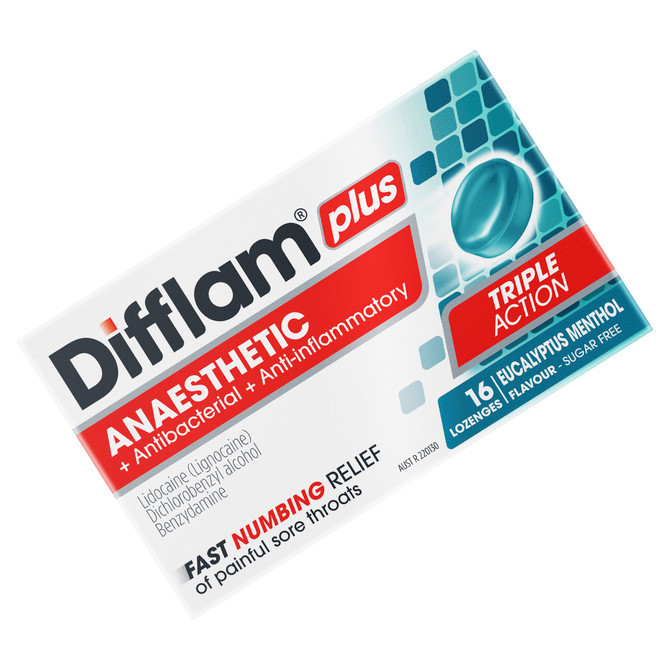 Difflam Plus Anaesthetic Sore Throat Pack  Eucalyptus Menthol Flavour 16 Pack 