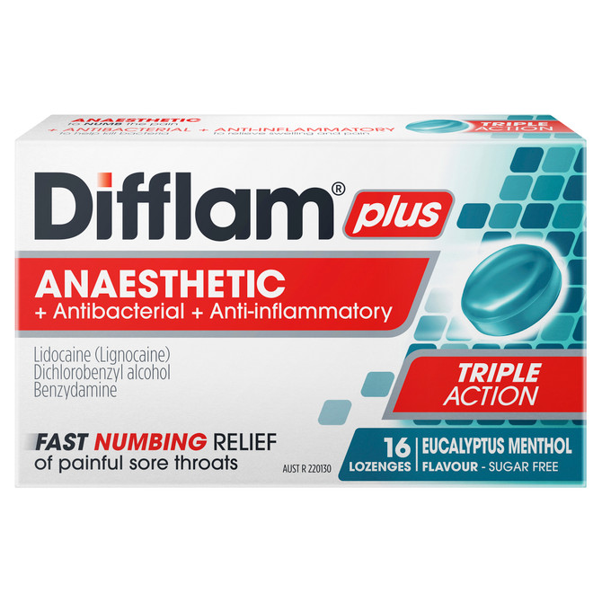 Difflam Plus Anaesthetic Sore Throat Pack  Eucalyptus Menthol Flavour 16 Pack 