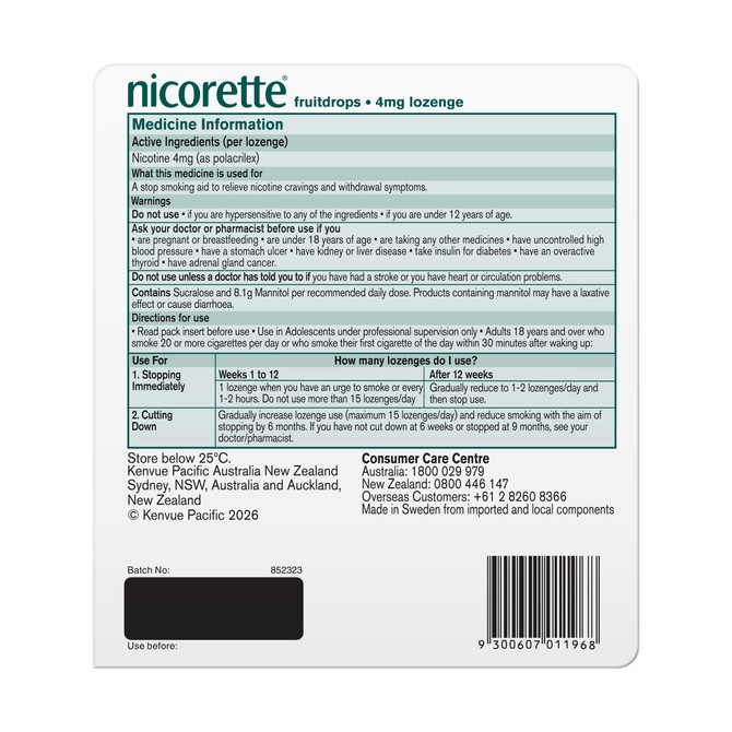 Nicorette Quit Smoking Extra Strength Nicotine Lozenge Fruitdrops 4mg 80s