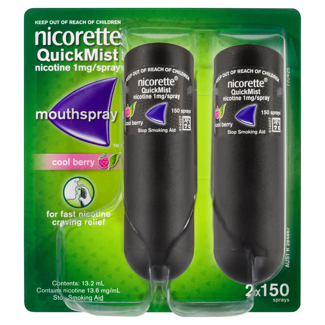 Nicorette Quit Smoking & Vaping QuickMist Nicotine Mouth Spray Cool Berry (2 x 150 Sprays)