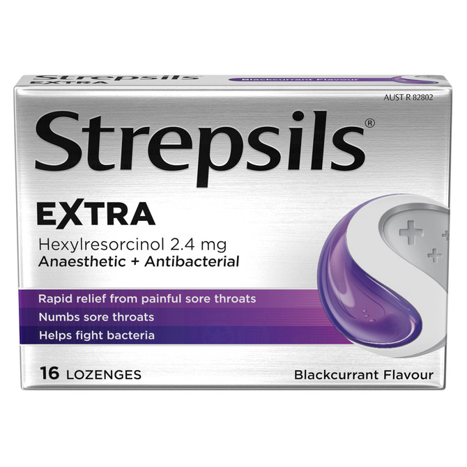 Strepsils Extra Blackcurrant Fast Numbing Sore Throat Pain Relief with Anaesthetic Lozenges 16 pack