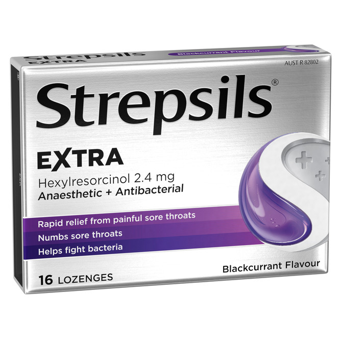 Strepsils Extra Blackcurrant Fast Numbing Sore Throat Pain Relief with Anaesthetic Lozenges 16 pack