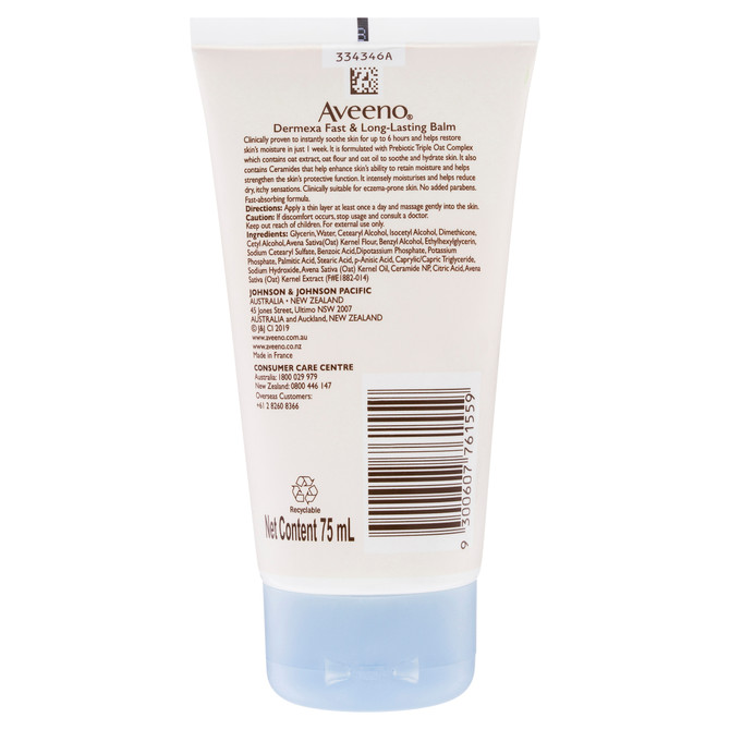 Aveeno Dermexa Fast & Long Lasting Fragrance Free Body Balm Soothe & Moisturise Dry Itchy Sensitive Eczema Prone Skin 75mL
