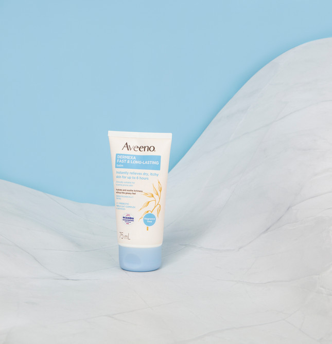 Aveeno Dermexa Fast & Long Lasting Fragrance Free Body Balm Soothe & Moisturise Dry Itchy Sensitive Eczema Prone Skin 75mL