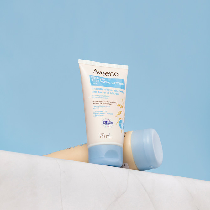 Aveeno Dermexa Fast & Long Lasting Fragrance Free Body Balm Soothe & Moisturise Dry Itchy Sensitive Eczema Prone Skin 75mL