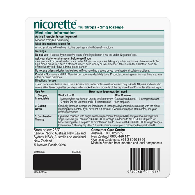 Nicorette Quit Smoking Regular Strength Nicotine Lozenge Fruitdrops 2mg 160s