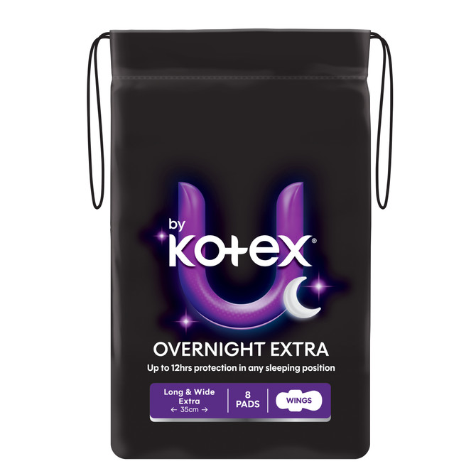 U by Kotex Extra Overnight Pads Long with Wings 8 Pack