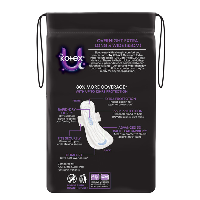 U by Kotex Extra Overnight Pads Long with Wings 8 Pack