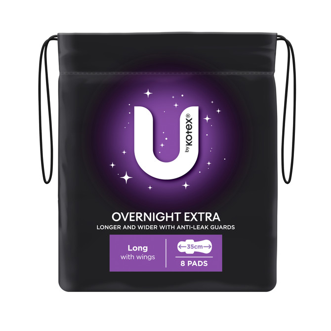 U by Kotex Extra Overnight Pads Long with Wings 8 Pack