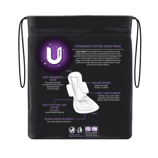 U by Kotex Extra Overnight Pads Long with Wings 8 Pack