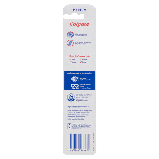 Colgate 360° Optic White Battery Powered Whitening Toothbrush, 1 Pack, Medium with Vibrating & Polishing Bristles