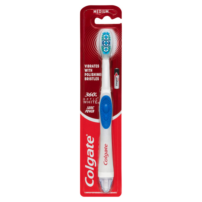 Colgate 360° Optic White Battery Powered Whitening Toothbrush, 1 Pack, Medium with Vibrating & Polishing Bristles