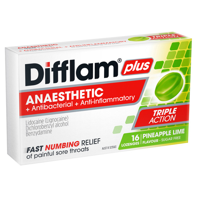 Difflam Plus Anaesthetic Sore Throat Pack  Pineapple and Lime Flavour 16 Pack 