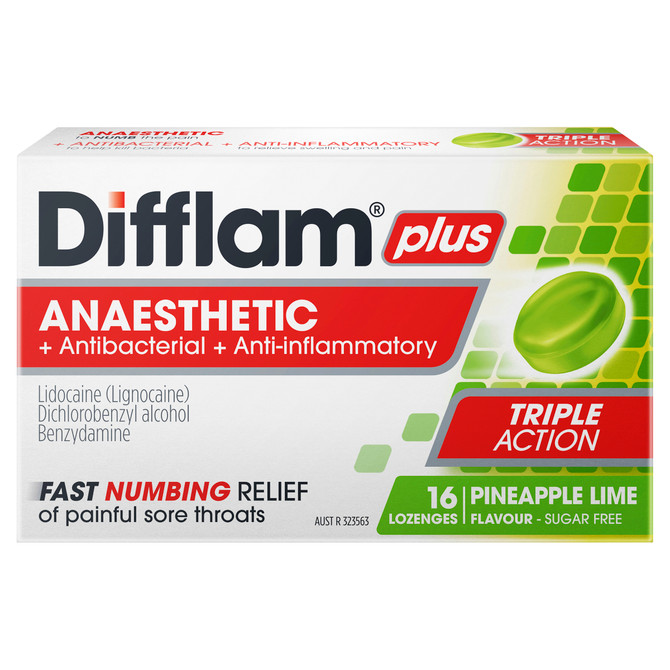 Difflam Plus Anaesthetic Sore Throat Pack  Pineapple and Lime Flavour 16 Pack 