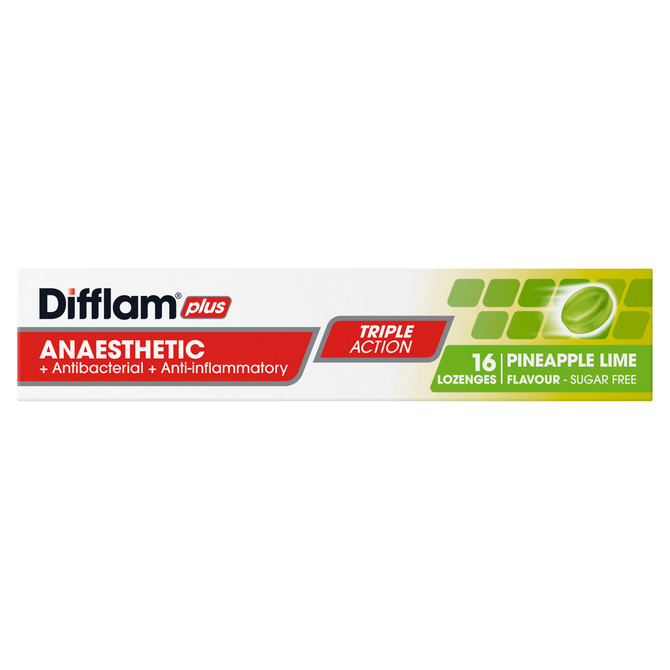 Difflam Plus Anaesthetic Sore Throat Pack  Pineapple and Lime Flavour 16 Pack 