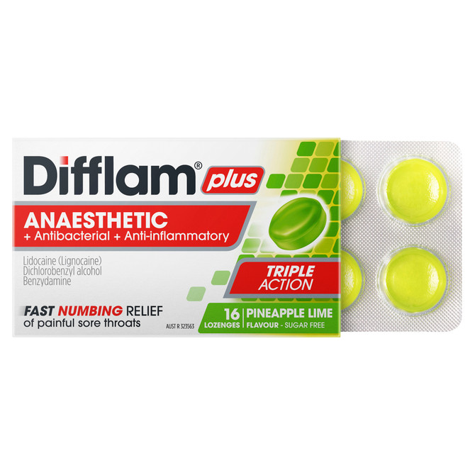 Difflam Plus Anaesthetic Sore Throat Pack  Pineapple and Lime Flavour 16 Pack 