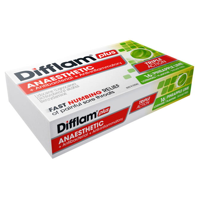 Difflam Plus Anaesthetic Sore Throat Lozenges Pineapple & Lime Flavour 16s