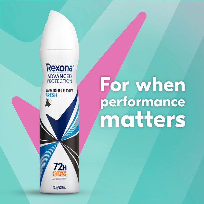 Rexona Women Advanced Protection Antiperspirant deodorant aerosol that leaves no white marks or yellow stains Invisible Dry Fresh Antiperspirant with body-heat activated technology 220 mL