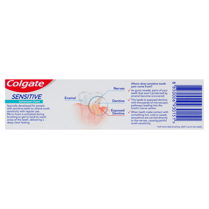Colgate Sensitive Advanced Clean Toothpaste, 110g, For Sensitive Teeth Pain Relief