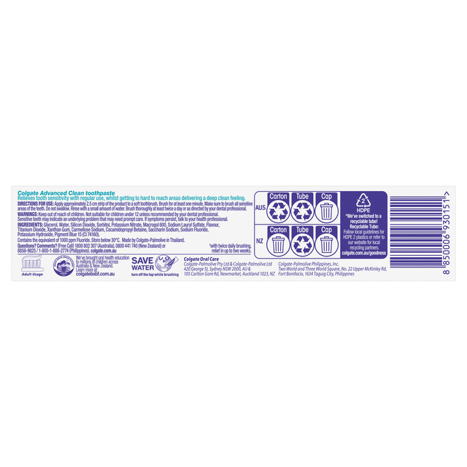 Colgate Sensitive Advanced Clean Toothpaste, 110g, For Sensitive Teeth Pain Relief