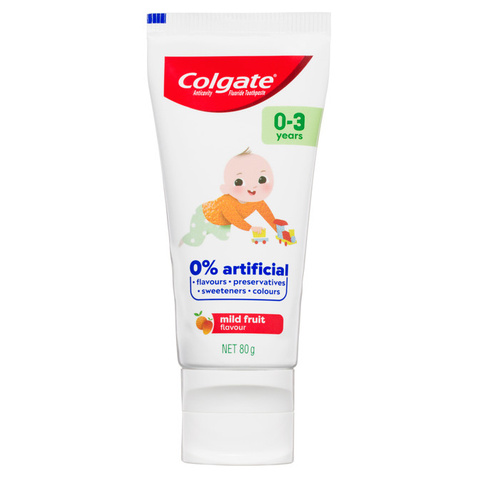 Colgate Kids Toothpaste 0-3 Years Mild Fruit Flavour Anticavity Fluoride Toddler Toothpaste No Artificial Flavours Preservatives Sweeteners or Colours 80g