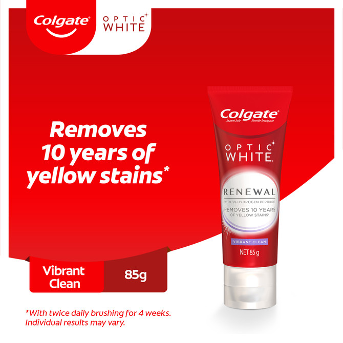 Colgate Optic White Renewal Teeth Whitening Toothpaste 85g, Vibrant Clean, Enamel Safe, with 3% Hydrogen Peroxide