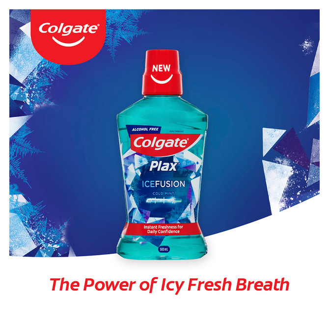 Colgate Plax Ice Fusion Antibacterial Mouthwash, 500mL, Cold Mint, Alcohol Free, Bad Breath Control