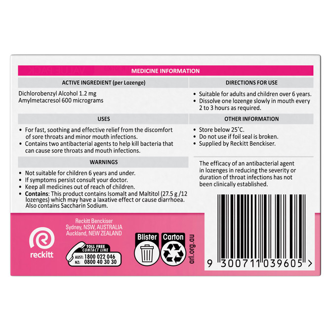 Strepsils Sore Throat Relief Sugar Free Strawberry 36 Pack
