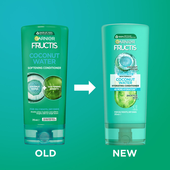 Garnier Fructis Coconut Water Hydrating Conditioner for Combination Hair, Oily Roots and Dry Ends, Silicone-Free Weightless Hydrating Treatment, Cruelty Free, 315ml