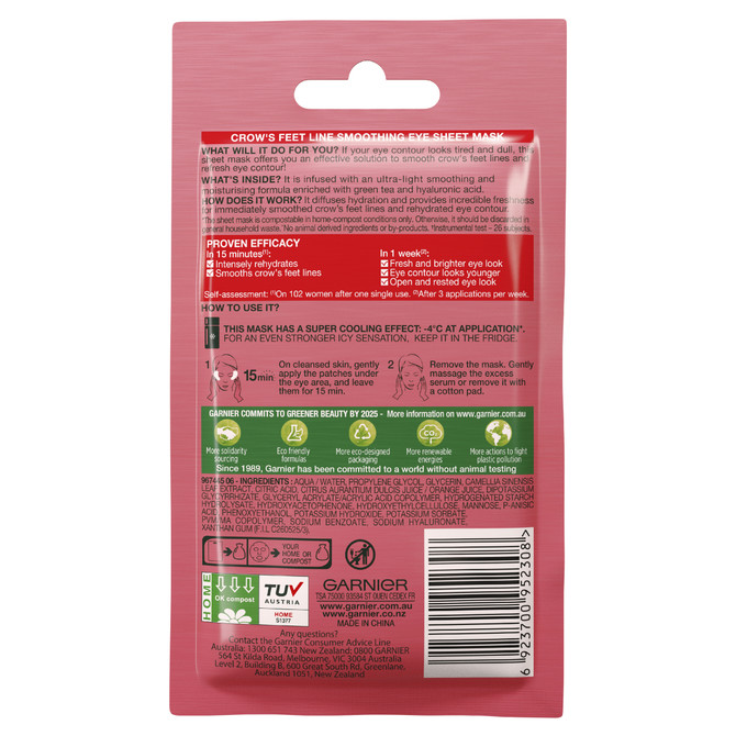 Garnier Hydra Bomb Hyaluronic Acid + Green Tea Anti Ageing Eye Sheet Mask  6g