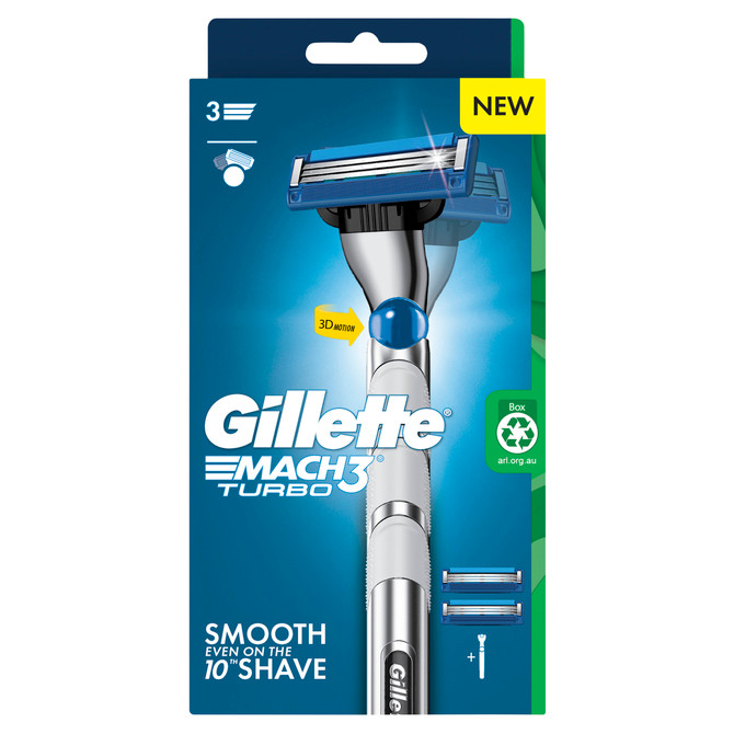 Gillette Mach3 Turbo Razor 1 Handle + 2 Cartridges, Shave Care