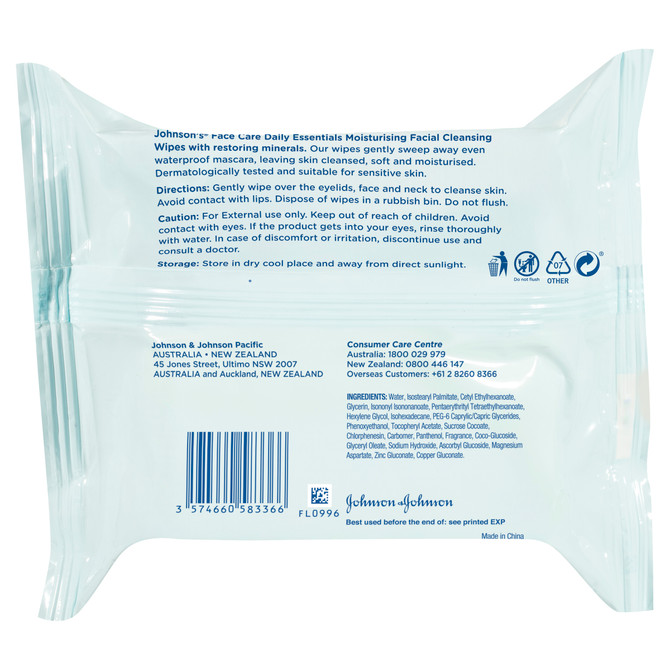 Johnson's Face Care Daily Essentials Moisturising Dry Skin Wipes 25 Pack