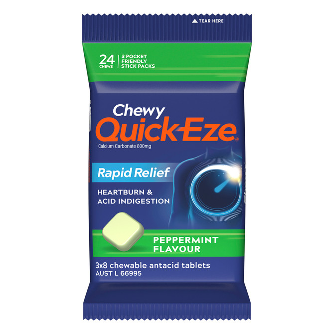 Quick Eze Peppermint Chewy Rapid Heartburn & Indigestion Relief 3x8 Pack
