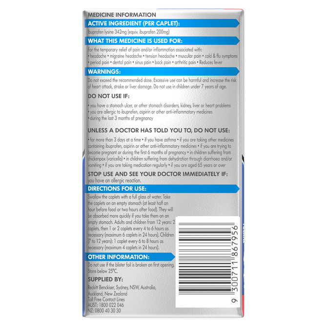 Nurofen Quickzorb Quick Pain Relief Caplets 342mg Ibuprofen 96 pack