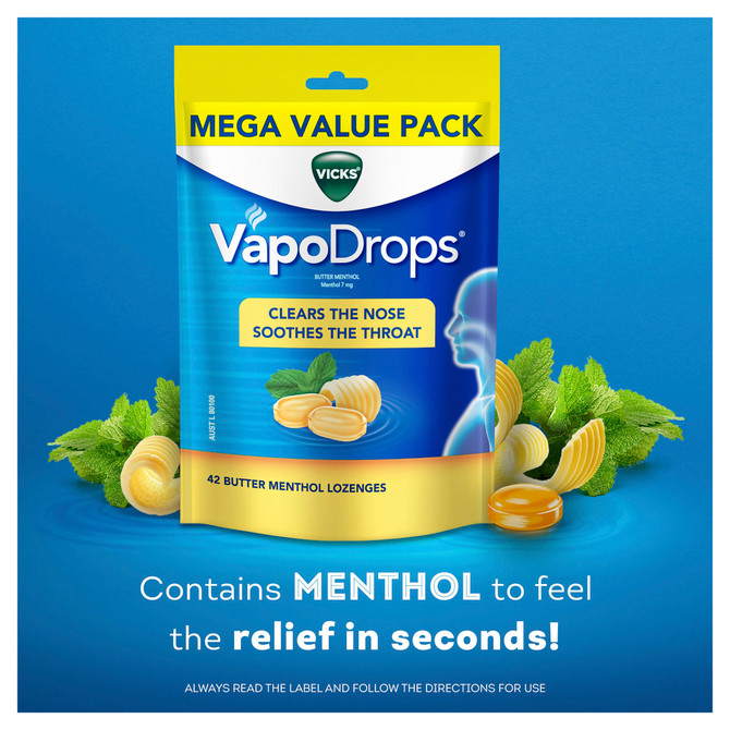 Vicks VapoDrops Butter Menthol Cough Cold 42 Lozenges