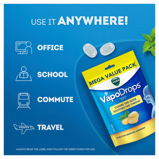 Vicks VapoDrops Butter Menthol Cough Cold 42 Lozenges