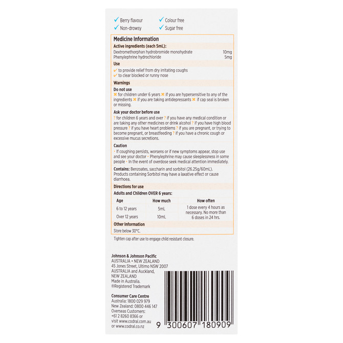 Codral Dry Cough + Cold Liquid Berry Flavour 200mL