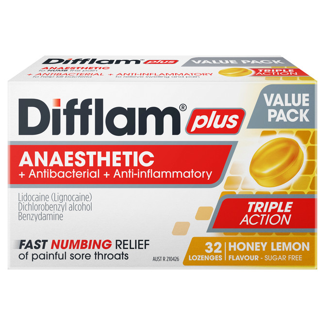 Difflam Plus Anaesthetic Sore Throat Pack  Honey and Lemon Flavour 32 Pack 