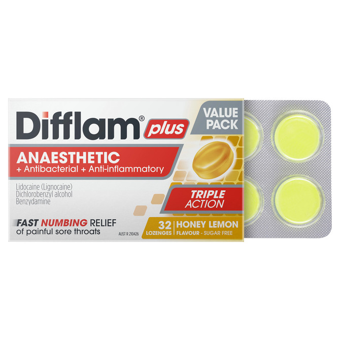 Difflam Plus Anaesthetic Sore Throat Pack  Honey and Lemon Flavour 32 Pack 