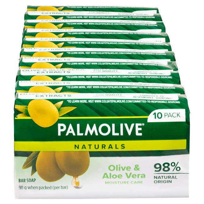 Palmolive Naturals Bar Soap, 10 Pack x 90g, Moisture Care with Natural Olive & Aloe Vera