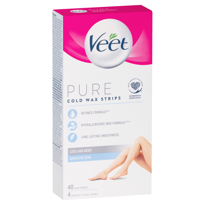 Veet Pure Hair Removal Cold Wax Strips Legs and Body Sensitive Skin 40 Pack