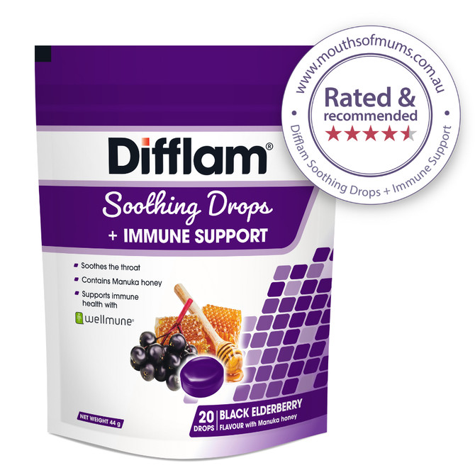 Difflam Soothing Throat Drops + Immune Support Black Elderberry flavour 20 Drops