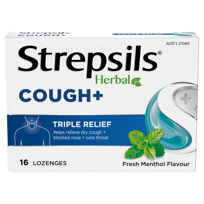 Strepsils Herbal Cough+ Triple Relief Fresh Menthol Flavour 16 Pack