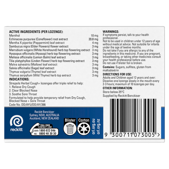 Strepsils Herbal Cough+ Triple Relief Honey Lemon Flavour 16 Pack