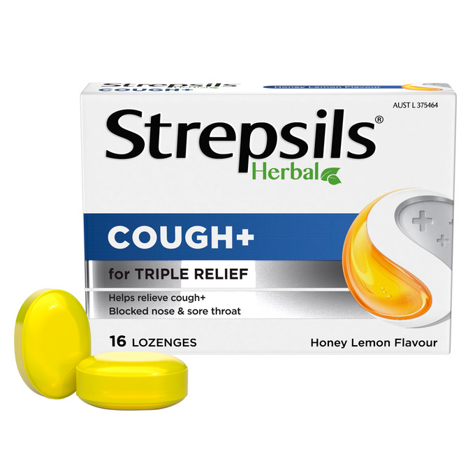 Strepsils Herbal Cough+ Triple Relief Honey Lemon Flavour 16 Pack