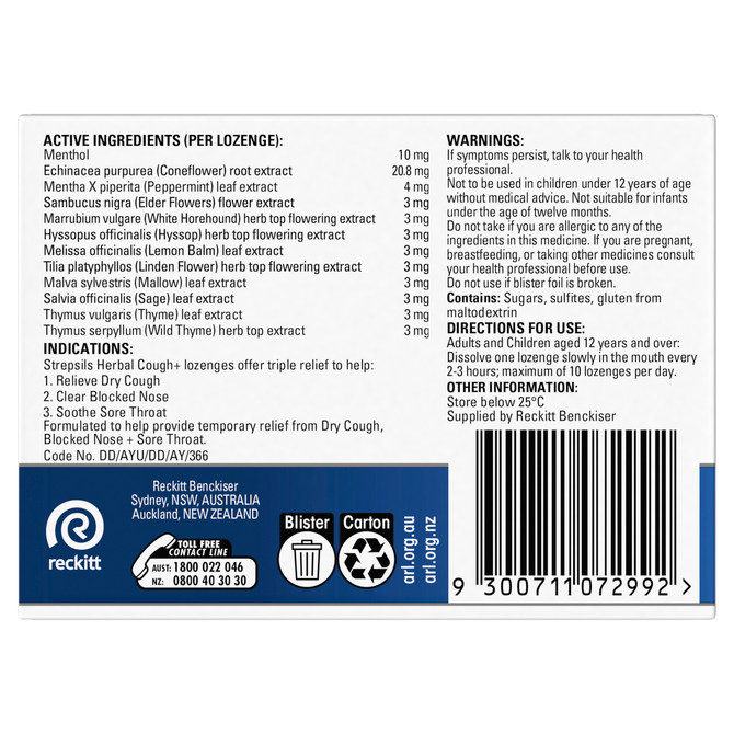 Strepsils Herbal Cough+ Triple Relief Value Pack Honey Lemon Flavour 16 Pack